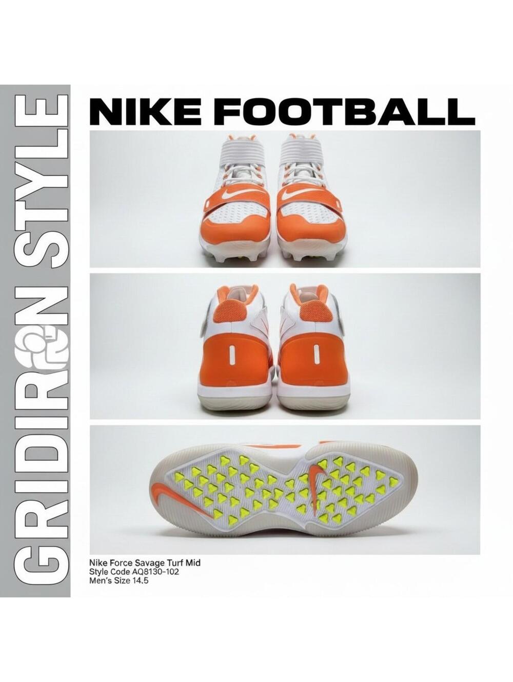 Nike Force Savage Turf Mid AQ8130-102 White Orange Black Men’s 14.5 NWOT No Box